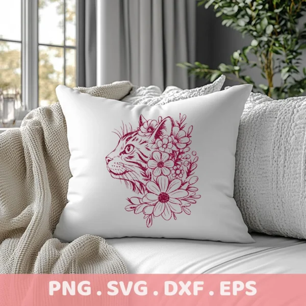 A white pillow on a couch displays a floral cat silhouette SVG file design in red, representing a digital download bundle.