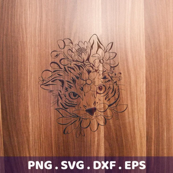 Floral Cat SVG Cricut Design: A stylized cat face adorned with flowers, presented as a digital download bundle including SVG and PNG formats.