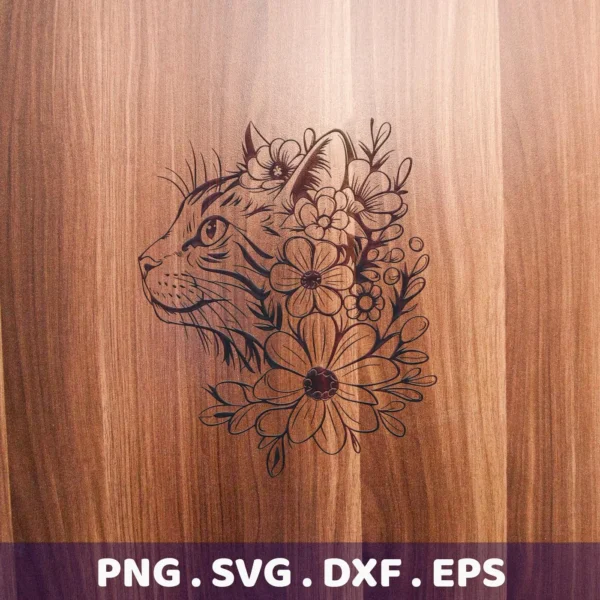 Floral Cat Silhouette SVG File: A stylized side profile of a cat's head adorned with flowers, presented as a digital download bundle (SVG, PNG).