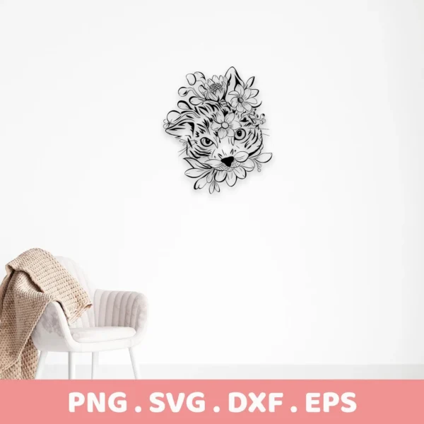 Floral Cat SVG Cricut Design: A digital download bundle (SVG, PNG) featuring a stylized cat face adorned with floral elements.