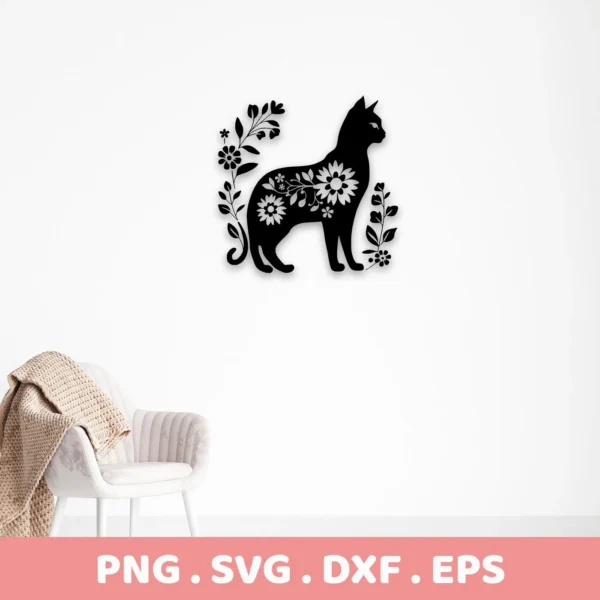 Floral Cat Silhouette SVG: A black silhouette of a cat adorned with floral designs, presented as a digital download bundle including SVG and PNG formats.