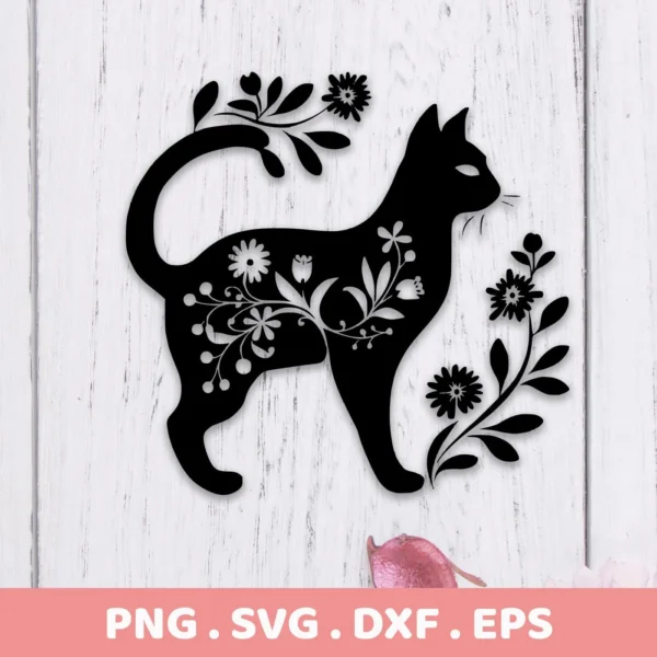 Black floral cat silhouette SVG digital download bundle, including PNG files, with floral designs incorporated into the cat's body and surrounding it.