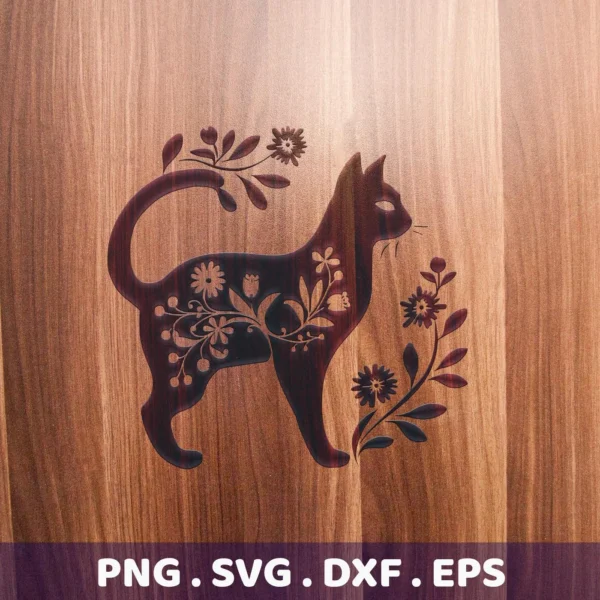 A floral cat silhouette SVG design, a digital download bundle including SVG and PNG files, shown engraved on wood.