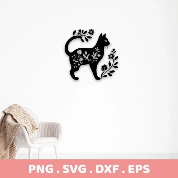 Black floral cat silhouette SVG digital download bundle, including SVG and PNG files.