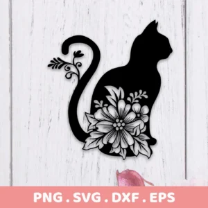 A black floral cat silhouette SVG digital download bundle, featuring a cat outline filled with detailed floral designs.