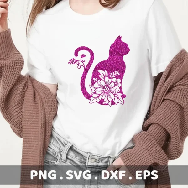A white t-shirt displays a glittery pink floral cat silhouette SVG design, part of a digital download bundle.