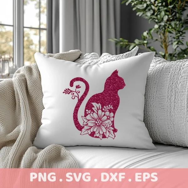 A white throw pillow on a couch displays a glittery, dark pink floral cat silhouette design, representing a digital download bundle (SVG, PNG).
