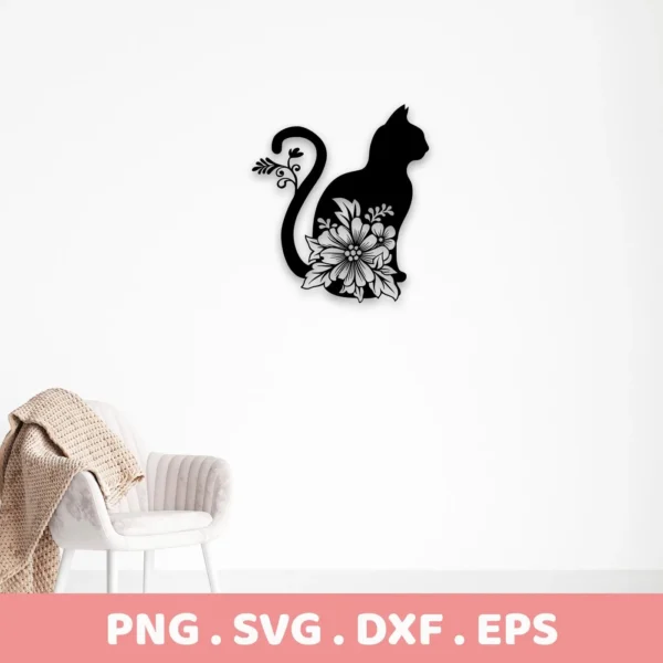 A black floral cat silhouette SVG digital download bundle (SVG, PNG) is displayed on a white wall.
