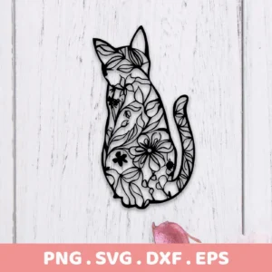 A black, floral-patterned silhouette of a cat sitting upright, representing a Floral Cat SVG Cricut Design digital download bundle (SVG, PNG).