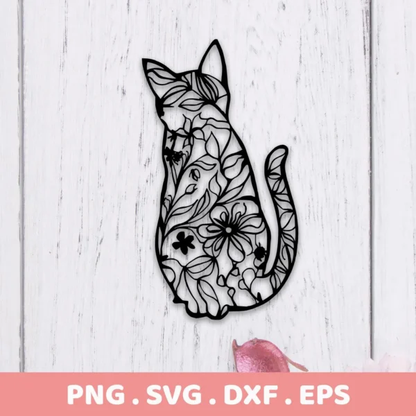 A black, floral-patterned silhouette of a cat sitting upright, representing a Floral Cat SVG Cricut Design digital download bundle (SVG, PNG).