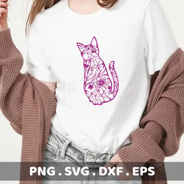 A woman wears a white t-shirt with a floral cat SVG Cricut design in pink glitter, showcasing a digital download bundle (SVG, PNG, DXF, EPS).