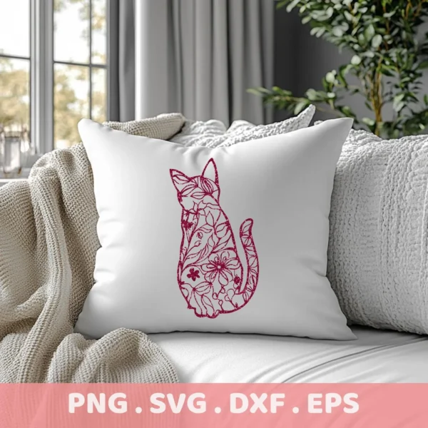 Close-up of a white pillow on a couch, featuring a floral cat SVG Cricut design in red, representing a digital download bundle including SVG and PNG files.