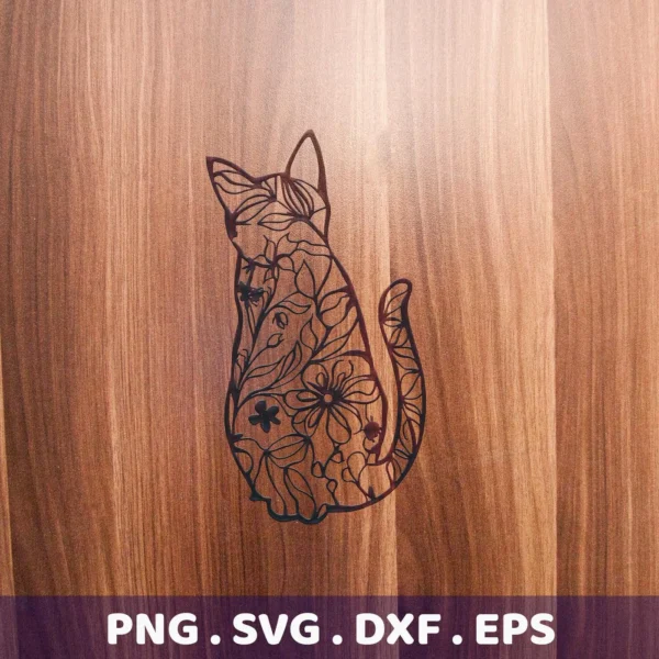 Floral Cat SVG Cricut Design: A stylized cat silhouette filled with floral patterns, presented as a digital download bundle (SVG, PNG).