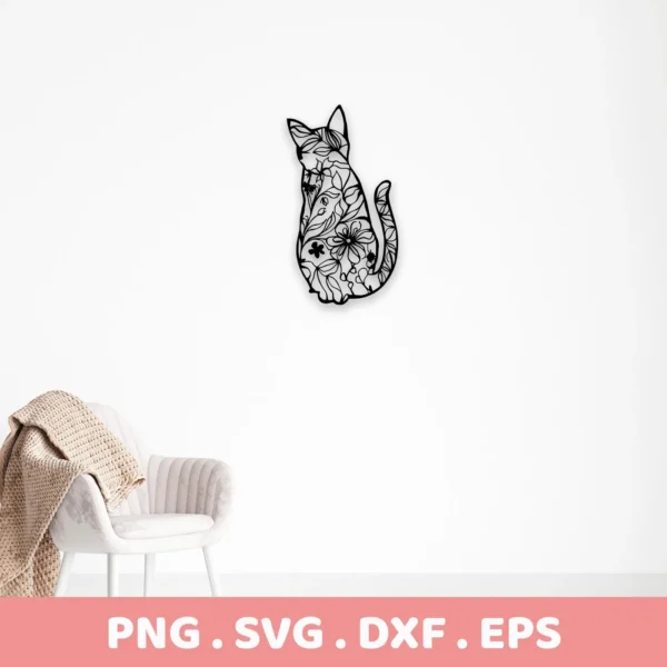 A black floral cat SVG Cricut design, part of a digital download bundle including SVG and PNG files, displayed on a white wall above a chair.