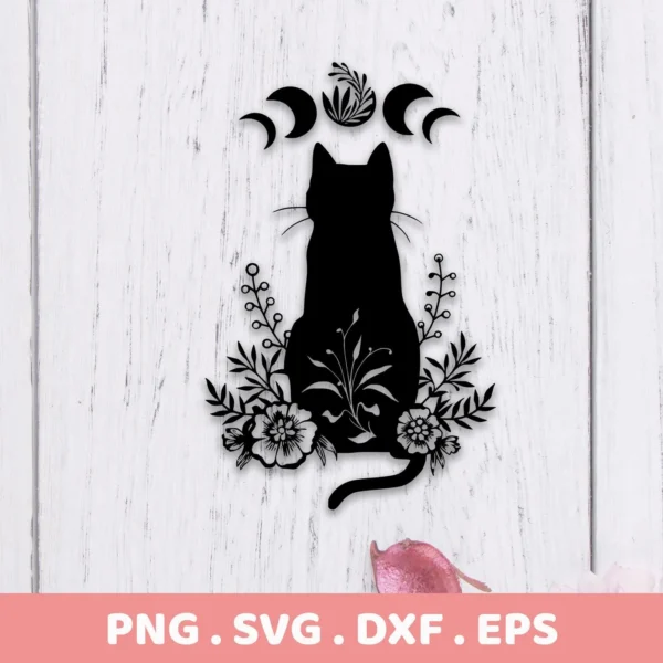 A black floral cat silhouette SVG digital download bundle, featuring moon phases and floral elements.