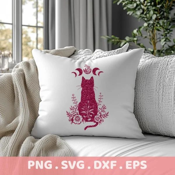 Close-up of a white pillow on a couch, featuring a glittery floral cat silhouette SVG design with moon phases above, available as a digital download bundle (SVG, PNG).