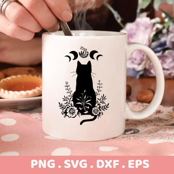 A white mug displays a black floral cat silhouette SVG design with moon phases above, representing a digital download bundle (SVG, PNG).