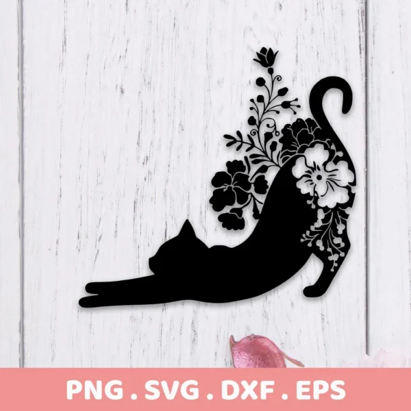 Black floral cat silhouette SVG of a stretching cat with floral designs on its back, presented as a digital download bundle (SVG, PNG).
