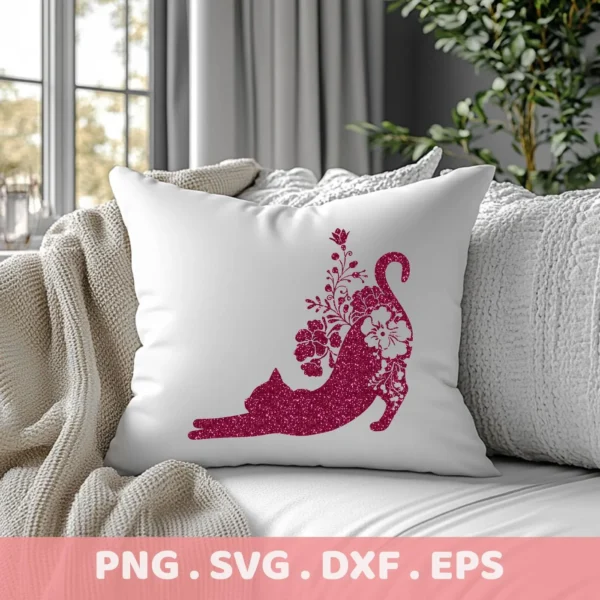 A white throw pillow displays a glittery, dark pink floral cat silhouette SVG design of a stretching cat, part of a digital download bundle (SVG, PNG).