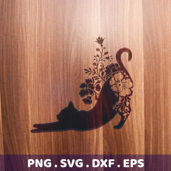A floral cat silhouette SVG digital download bundle (SVG, PNG) featuring a stretching cat with floral designs incorporated into its body.