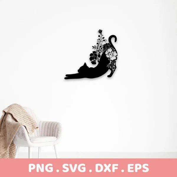 A black Floral Cat Silhouette SVG of a stretching cat with floral designs on its back, presented as a digital download bundle (SVG, PNG).