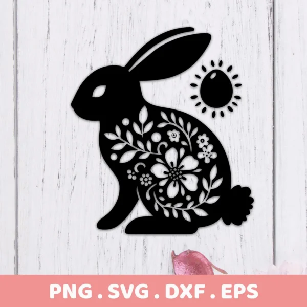 A black silhouette of a Floral Easter Bunny SVG File, filled with floral designs, next to a sun, presented as a digital download bundle (SVG, PNG).