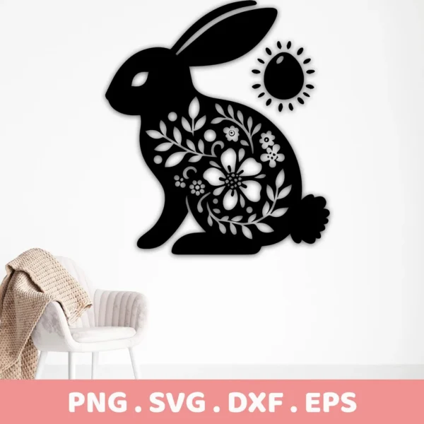 Black silhouette of a Floral Easter Bunny SVG File, decorated with floral patterns, next to a sun, shown as a digital download bundle (SVG, PNG).