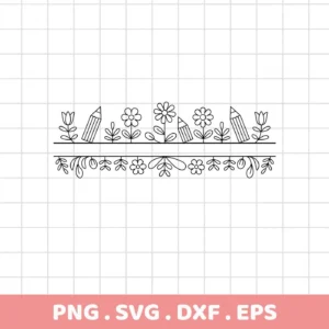 Floral pencil border SVG, a black and white line art design featuring pencils and flowers, part of a digital download bundle including SVG and PNG files.