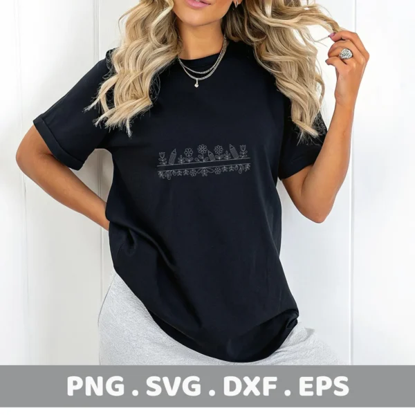A woman models a black t-shirt featuring a delicate white floral pencil border SVG design, representing a digital download bundle.