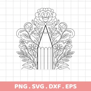 A black and white line art illustration of a Floral Pencil SVG Design, part of a digital download bundle including SVG and PNG formats, featuring a pencil shape adorned with floral elements like roses and daisies.