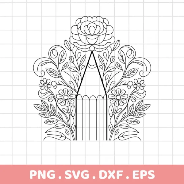 A black and white line art illustration of a Floral Pencil SVG Design, part of a digital download bundle including SVG and PNG formats, featuring a pencil shape adorned with floral elements like roses and daisies.