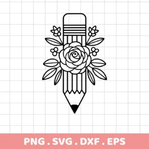 A Floral Pencil SVG Design, a digital download bundle (SVG, PNG), featuring a pencil adorned with a rose and floral elements.