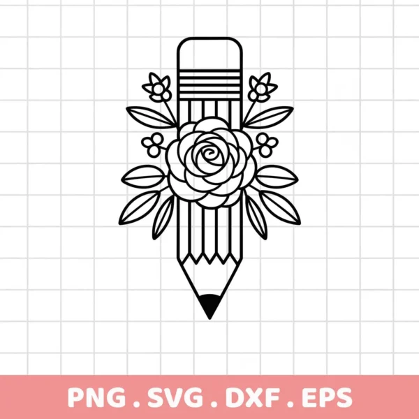 A Floral Pencil SVG Design, a digital download bundle (SVG, PNG), featuring a pencil adorned with a rose and floral elements.