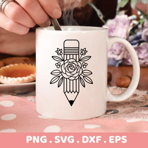 A white mug displays a Floral Pencil SVG Design, part of a digital download bundle including SVG and PNG formats.