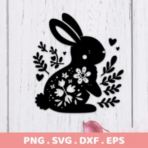 Black silhouette of a floral bunny SVG Cricut design surrounded by floral elements and hearts, offered as a digital download bundle including SVG, PNG, DXF, and EPS formats.