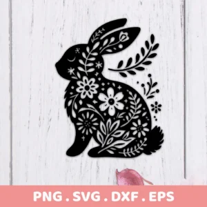 Black silhouette of a rabbit filled with floral designs, a Floral Rabbit SVG Cricut Design available as a digital download bundle including SVG and PNG formats.