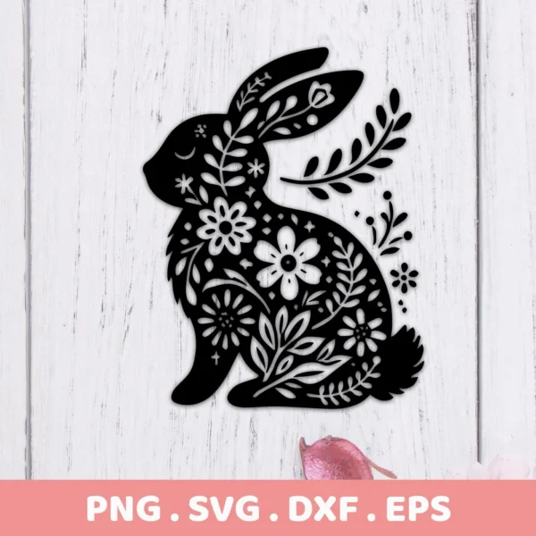 Black silhouette of a rabbit filled with floral designs, a Floral Rabbit SVG Cricut Design available as a digital download bundle including SVG and PNG formats.