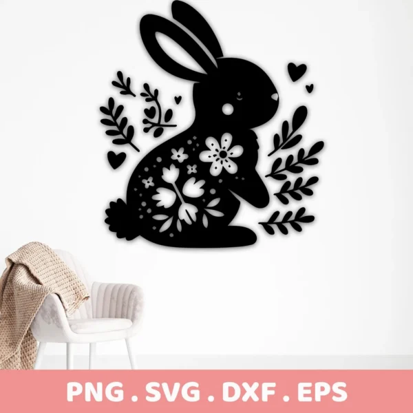 Floral Bunny SVG Cricut Design: A black silhouette of a rabbit decorated with floral cutouts, presented as a digital download bundle (SVG, PNG, DXF, EPS).