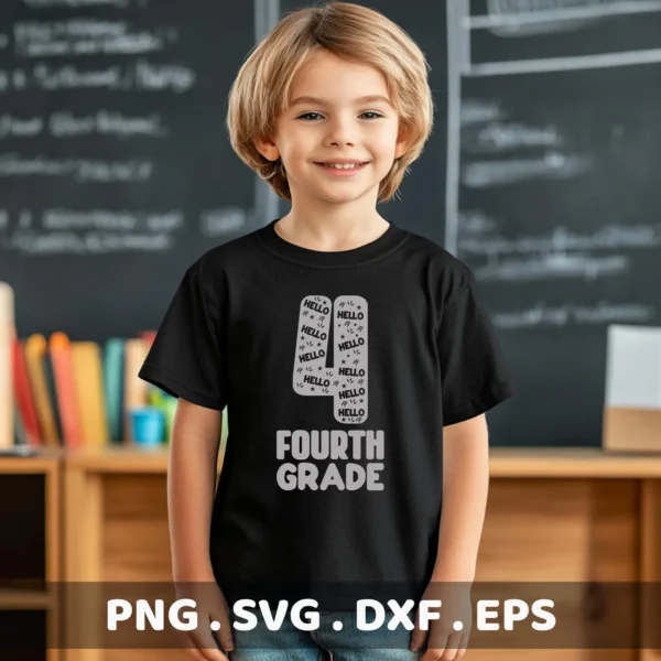 A young boy smiles wearing a black t-shirt with a "Fourth Grade SVG Design" featuring a number four made of "Hello" and stars, advertising a digital download bundle including SVG and PNG files.