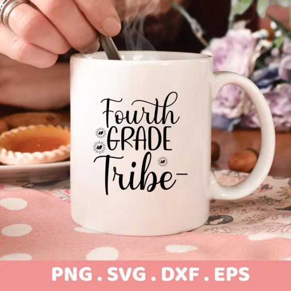 A white mug with the text "Fourth Grade Tribe" is shown, representing a digital download bundle including SVG and PNG files.