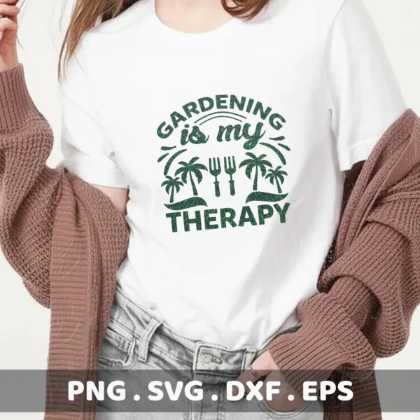 A woman wearing a white t-shirt with a "Gardening is my Therapy" SVG design featuring palm trees and gardening forks, showcasing a digital download bundle (SVG, PNG).