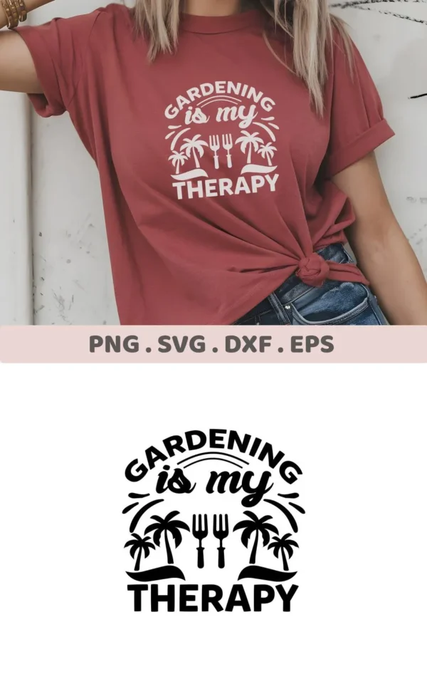 A woman models a knotted t-shirt with the text "Gardening is my Therapy" above palm trees and gardening forks, showcasing a Gardening Therapy SVG Design available as a digital download bundle.