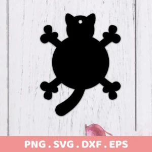 Cartoon cat SVG silhouette, a digital download bundle (SVG, PNG) featuring a stylized black cat shape with a round body, small head, tail, and four legs ending in clover-like paws.