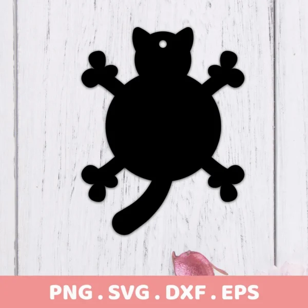 Cartoon cat SVG silhouette, a digital download bundle (SVG, PNG) featuring a stylized black cat shape with a round body, small head, tail, and four legs ending in clover-like paws.
