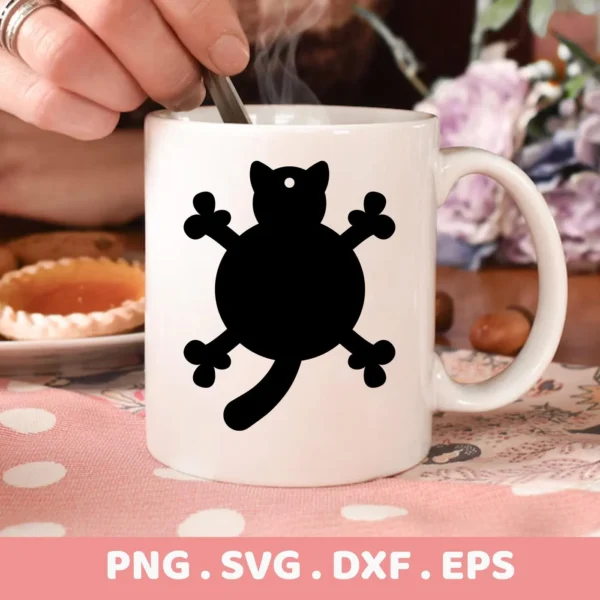 A white mug features a black Cartoon Cat SVG Silhouette design, representing a digital download bundle (SVG, PNG).