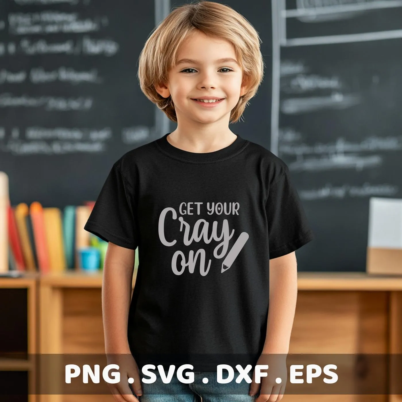 A young child smiles wearing a black t-shirt with the text "Get Your Crayon On" and a crayon graphic, representing a digital download bundle including SVG and PNG files.