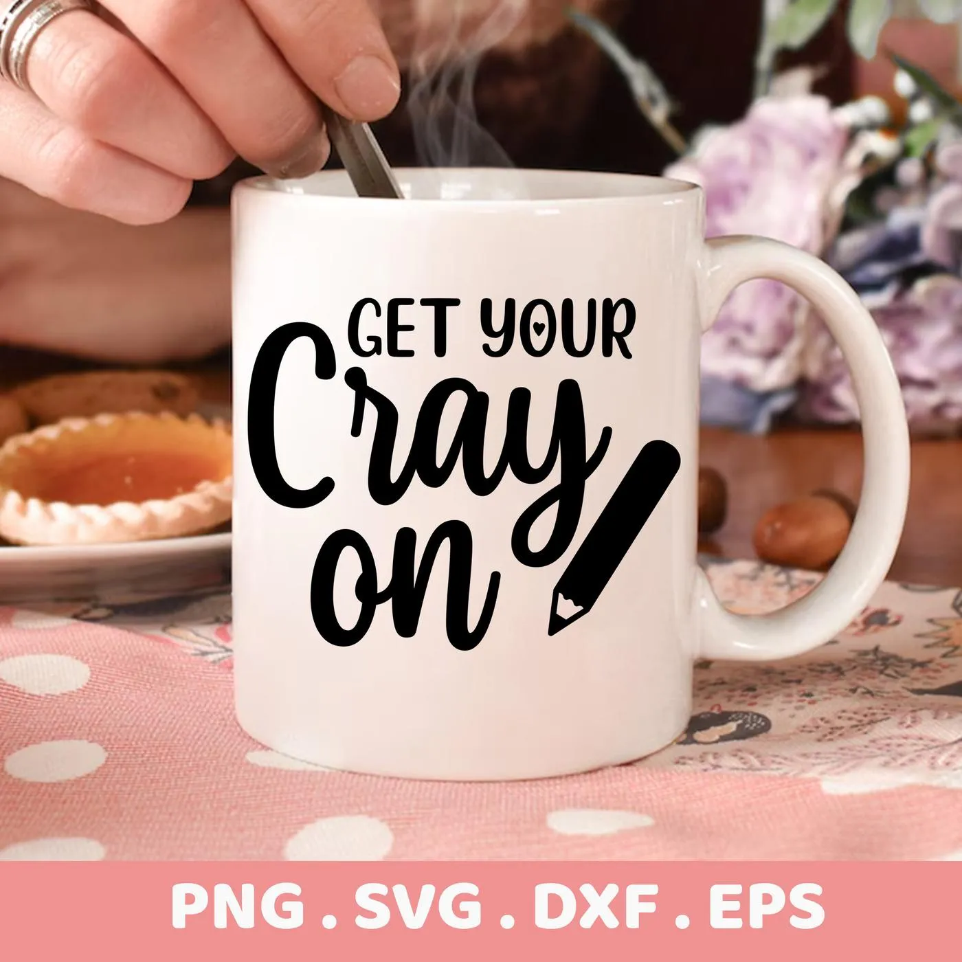 A white mug with the text "Get Your Crayon On" and a crayon graphic, presented as a digital download bundle (SVG, PNG).