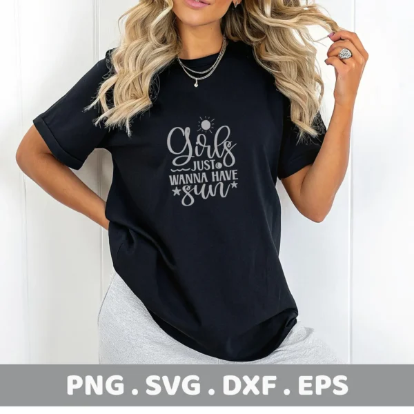 A woman models a black t-shirt with the phrase "Girls Just Wanna Have Sun" featuring a starfish, indicating a Starfish Summer SVG Design available as a digital download bundle (SVG, PNG).