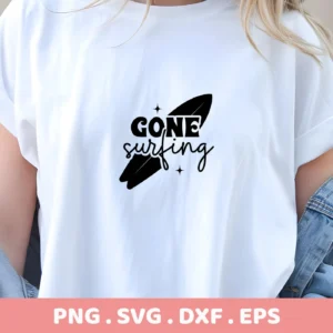 A white t-shirt displays a "Gone Surfing" SVG design with a surfboard graphic, showcased as a digital download bundle (SVG, PNG).