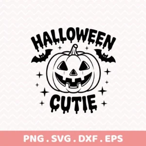 Halloween Cutie Cricut Design featuring a smiling pumpkin, bats, and stars, intended for cutting machines and shirt designs.